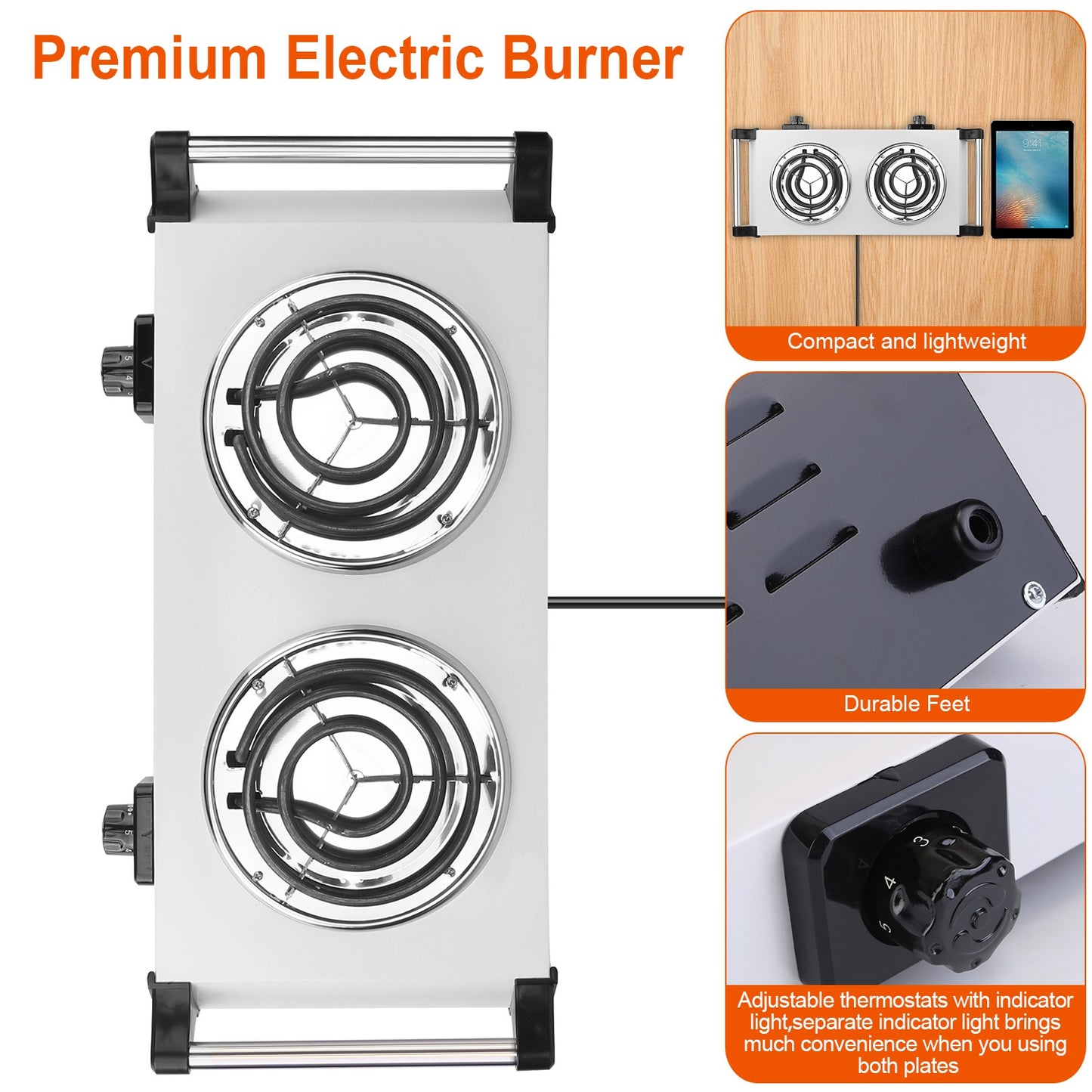 2000W Portable Electric Stove with Dual Coil Burners - White
