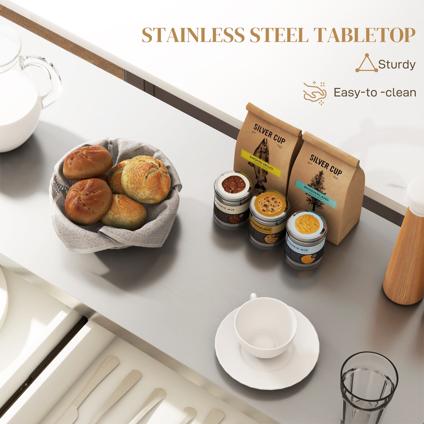 Rolling Kitchen Island Cart with Stainless Steel Top - Cream White