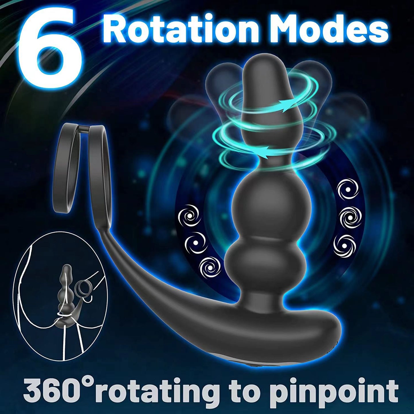 Wireless Remote Control Double Ring Rotating Prostate Massager - Black