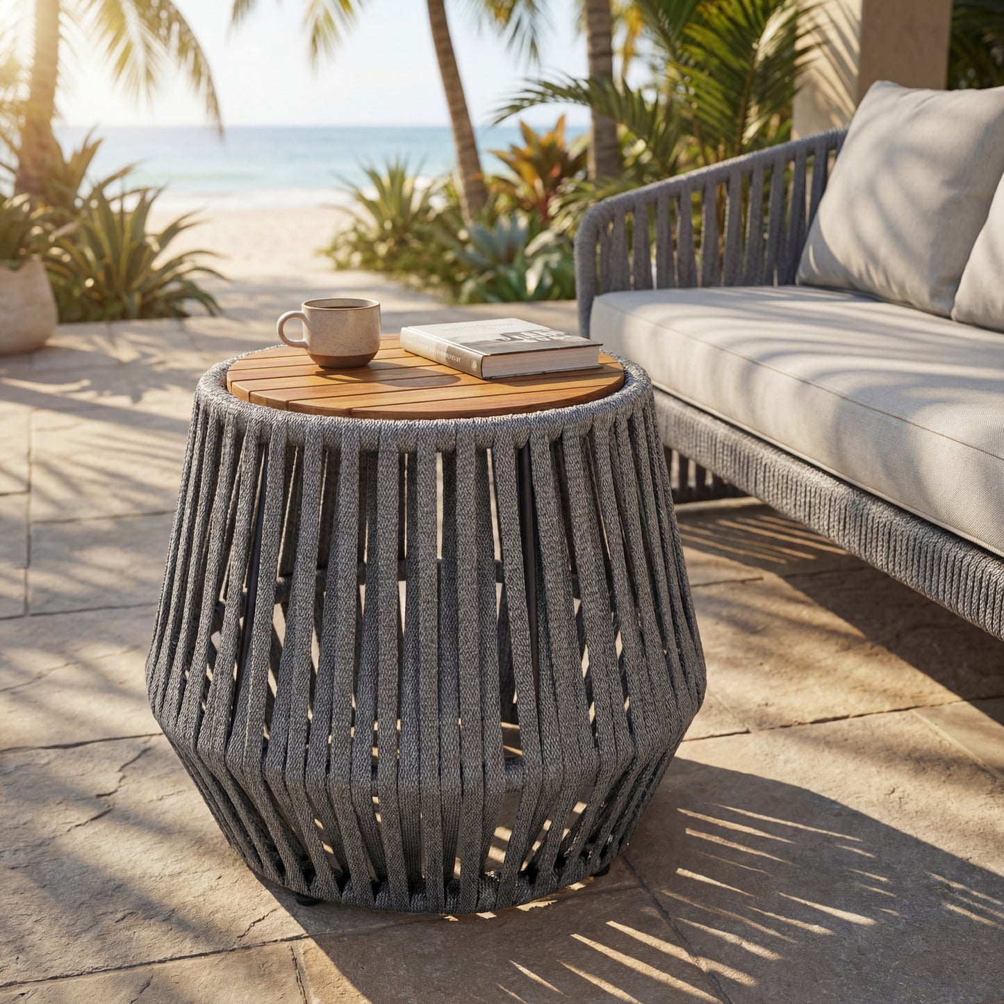 Outdoor Side Table with Acacia Wood & Grey Rope - Teak Finish