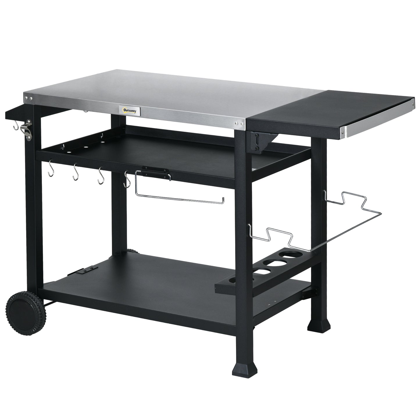 3-Shelf Outdoor Grill Cart with Foldable Side Table - Black