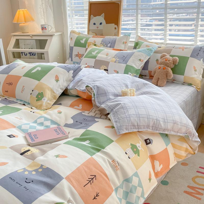 Cotton Bedding Set - Four-Piece Quilt Cover & Sheets with Skin-Friendly Sanded Finish