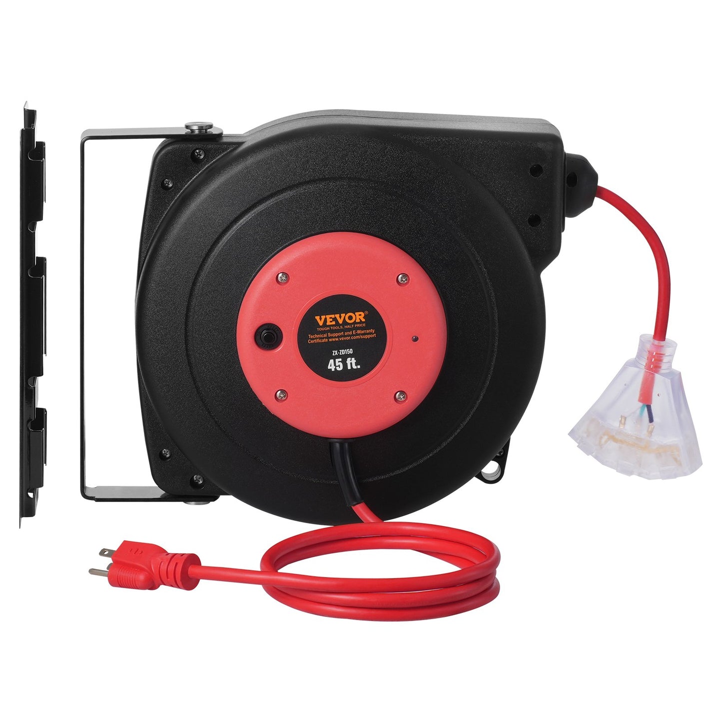 45FT Heavy Duty Retractable Extension Cord Reel with 3 Outlets, Water-Resistant Power Cord