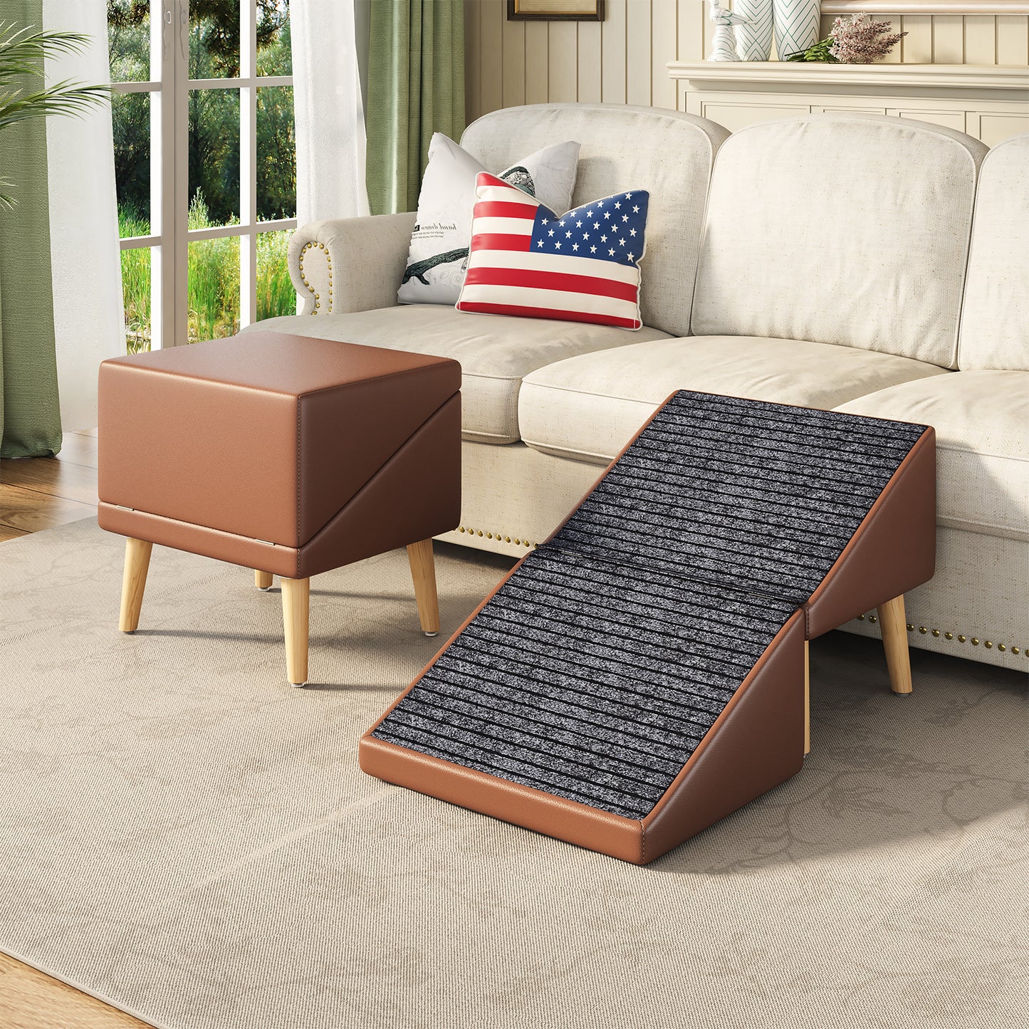 3-in-1 Pet Ramp with Storage and Footstool - Non-Slip, Supports 265 lbs, Brown