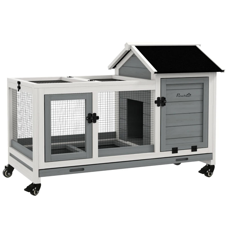 Wooden Rabbit Hutch with Wheels and Run - Small Animal Cage with Slide-Out Tray
