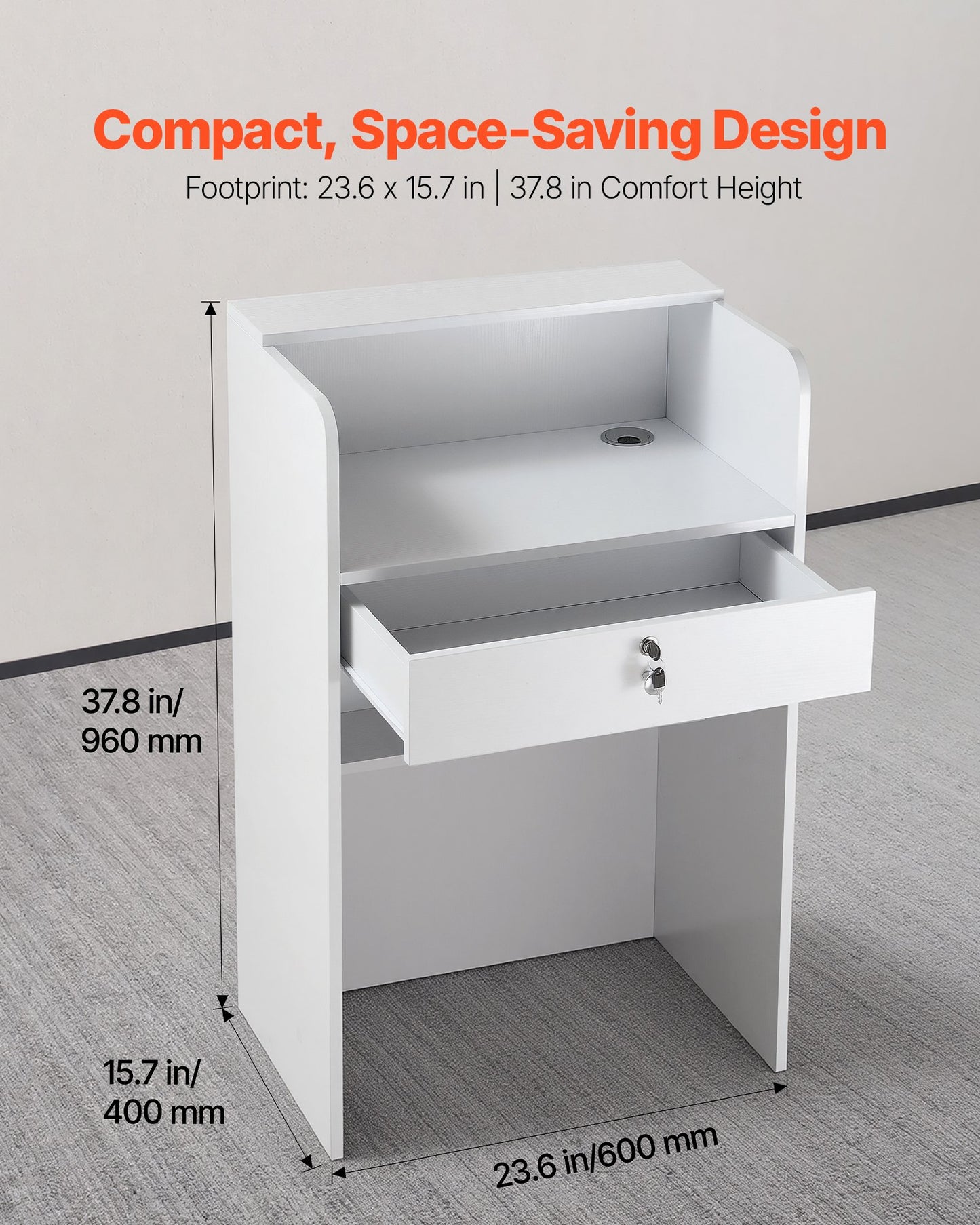 White Reception Desk 23.6 Inch Modern Front Counter Office Table with Drawer
