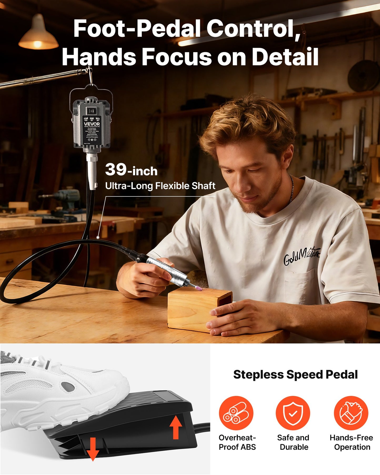 Electric Flex Shaft Grinder 125W 18000RPM Carving & Polishing Tool with Foot Pedal Control