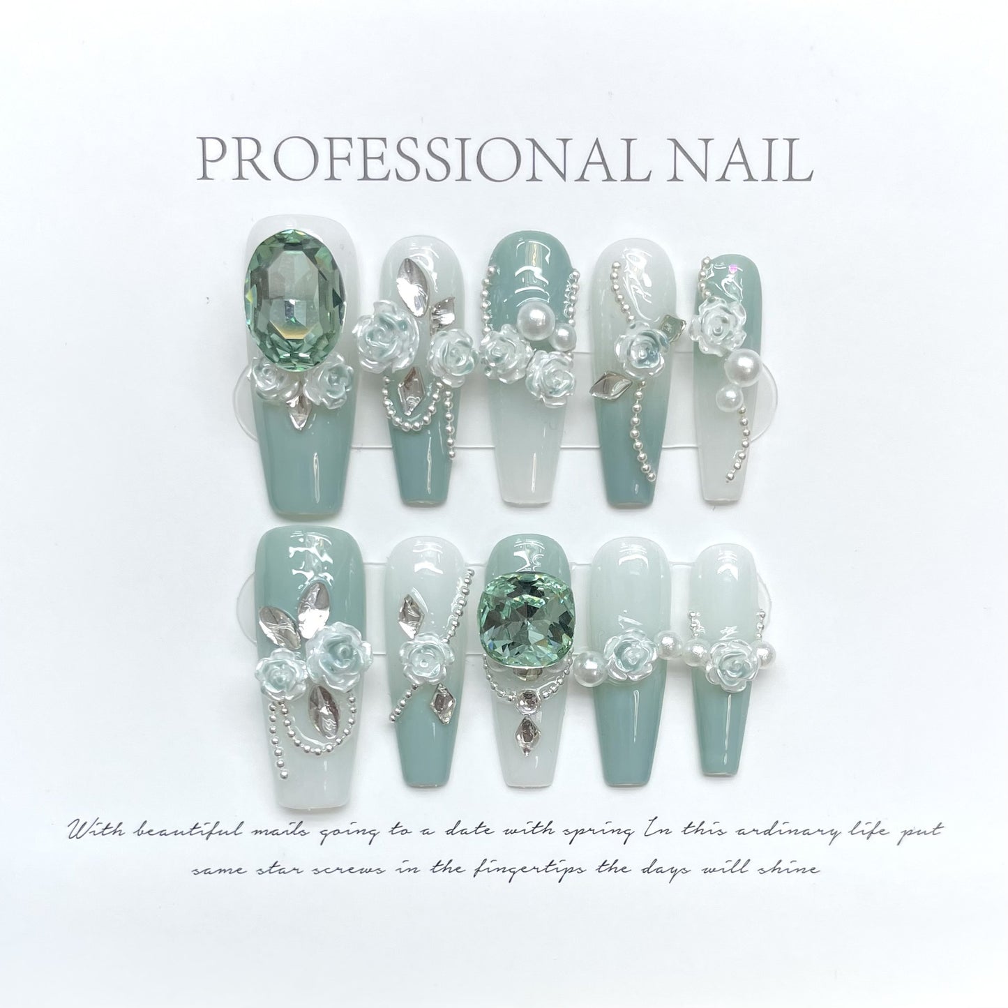 Green Diamond Chain Nail Art Kit with Camellia Gradient Design - All Sizes & Colors