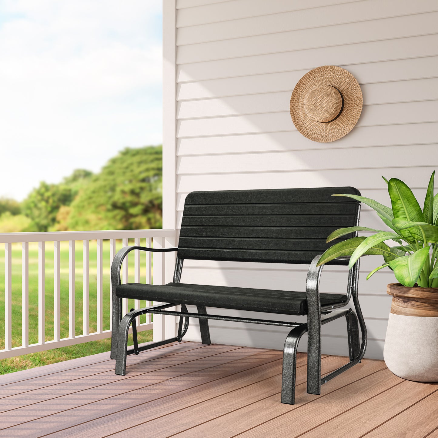 2-Seat Porch Glider with HDPE Back and Steel Frame - Black