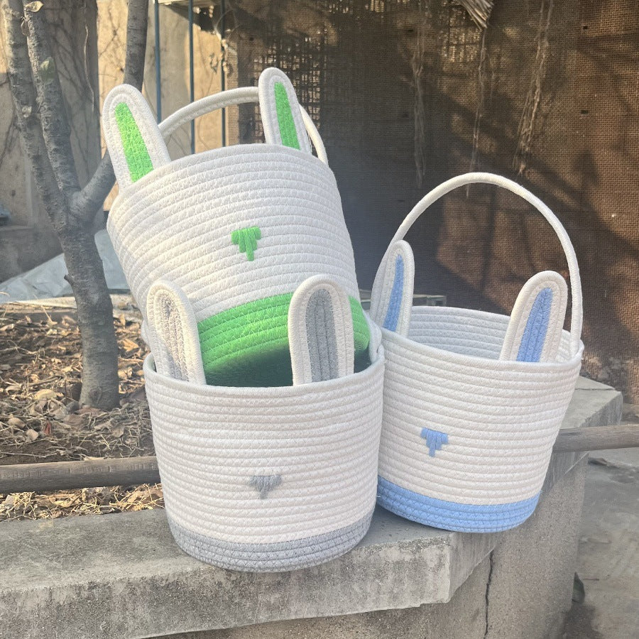 Easter Egg Handwoven Cotton Basket with Cartoon Rabbit Design – Multi-Color Storage Bag