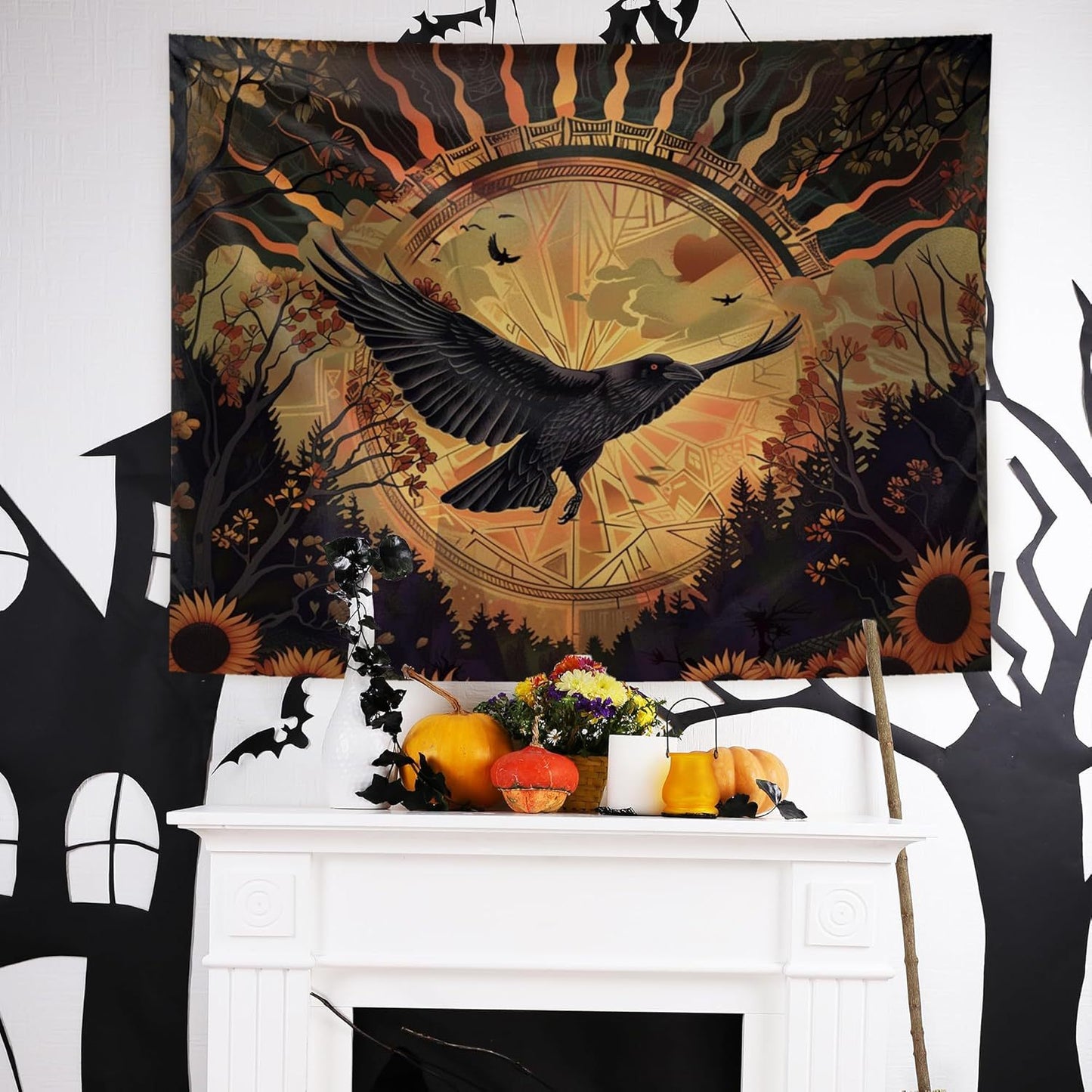 Halloween Raven Sunflower Tapestry - Gothic Wall Decor for Home & Garden