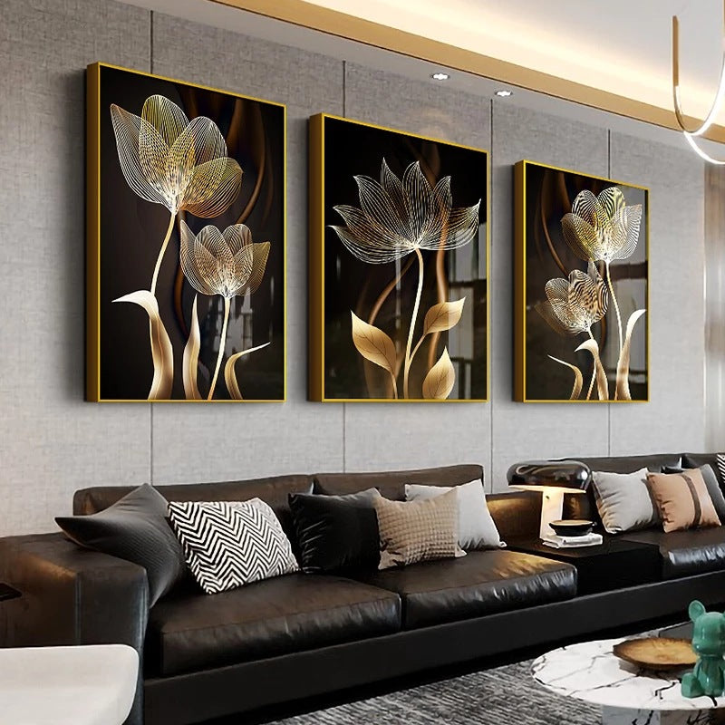 Gold Wall Art Painting Set - Modern Floral Canvas Decorations for Living Room