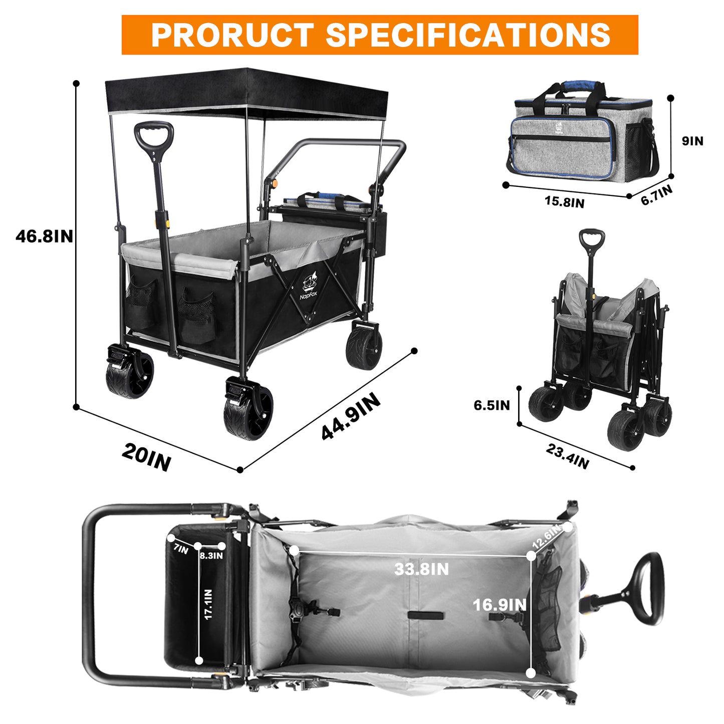 Collapsible Folding Wagon with Canopy and Cooler Bag - Black/Grey