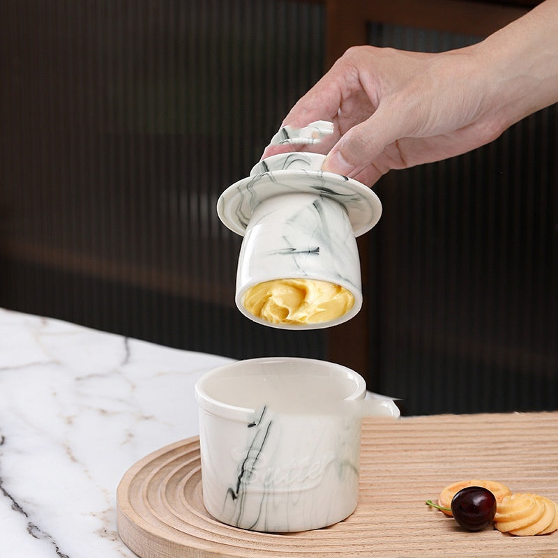 Ceramic Butter Dish with Marble Patterned Relief, Modern Kitchen Storage