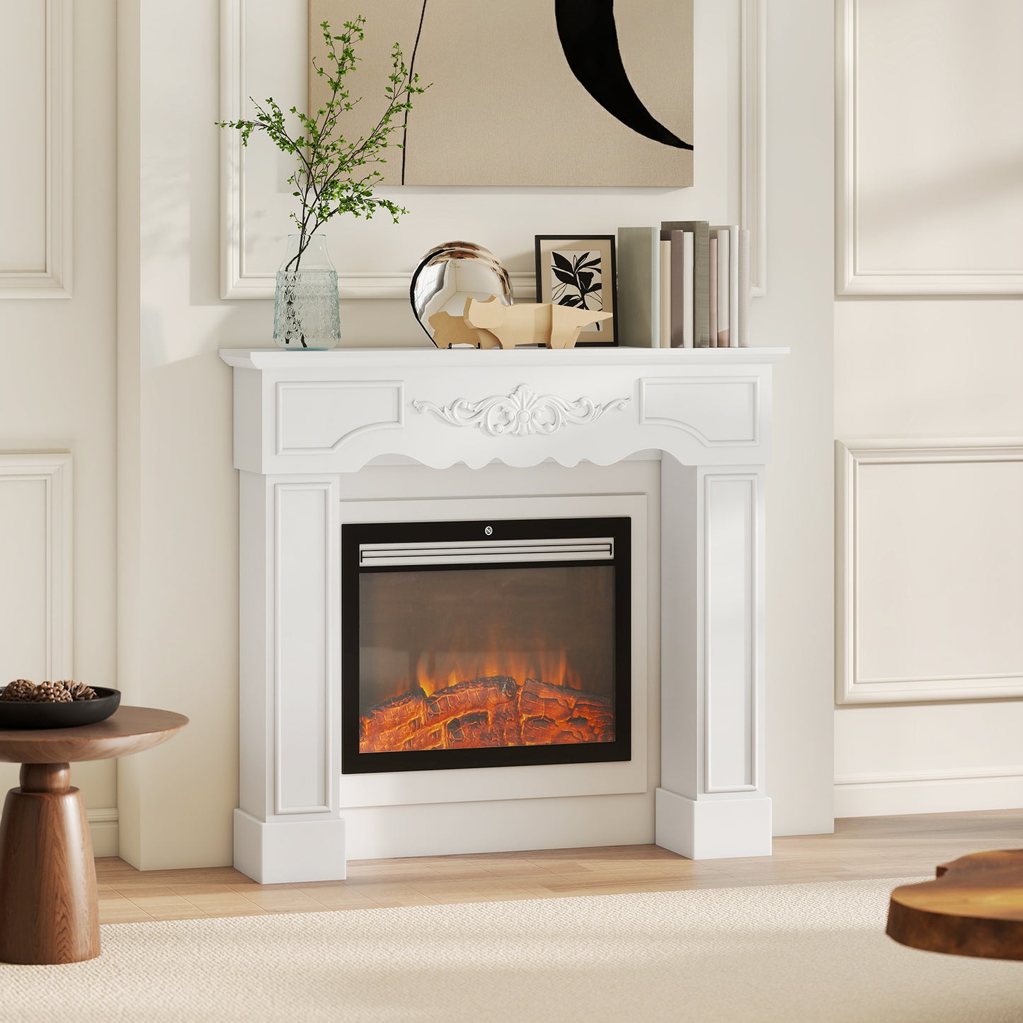 White Baroque Fireplace Mantel Surround for Electric Fireplaces - 43.3 Inch Wide