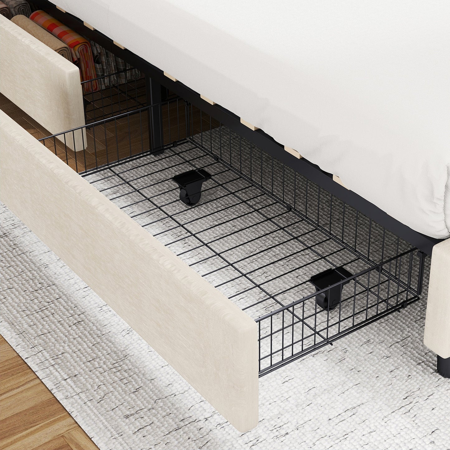 Bed Frame Upholstered Vertical Channel Headboard With 4 Storage