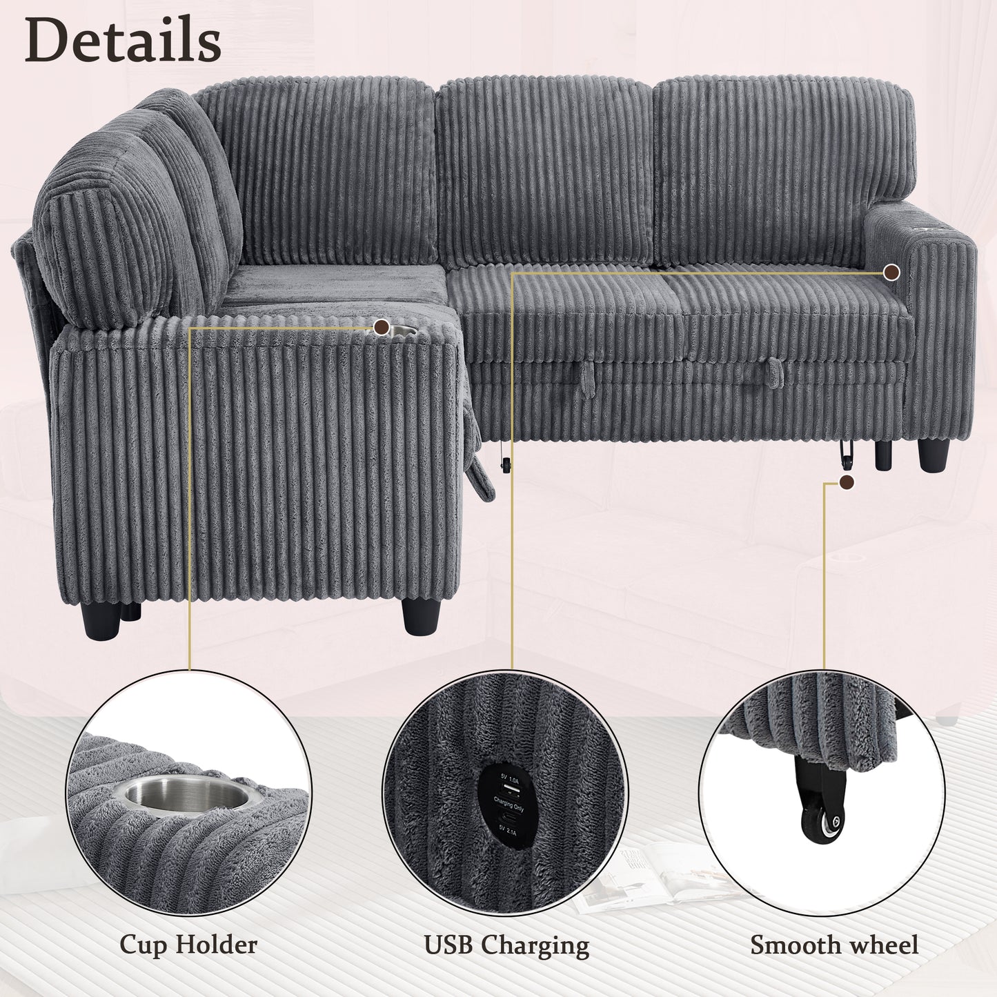 L-Shaped Sectional Sofa Bed with Storage & USB Charging - Grey