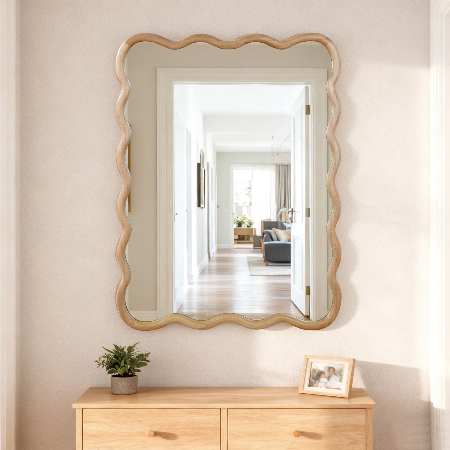 Natural Wood 30x40 Wavy Rectangle Decorative Mirror - Art Deco Style