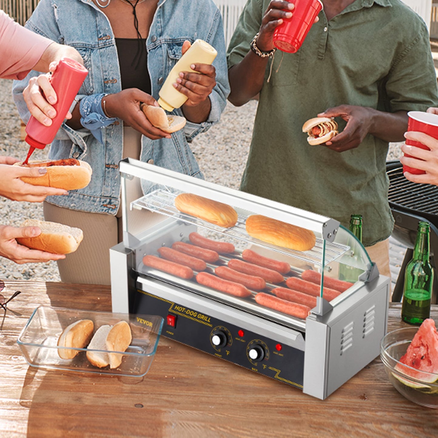 Commercial Hot Dog Roller Grill - 5 Non-Stick Rollers, 12 Hot Dogs Capacity, Stainless Steel, Dual Temperature Control, Silver