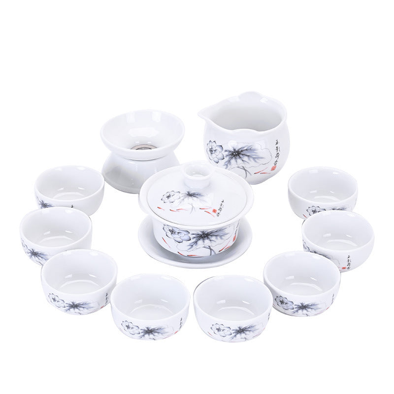 Porcelain Chinese Style Tea Set with Tea Tray - White Ceramic Tableware