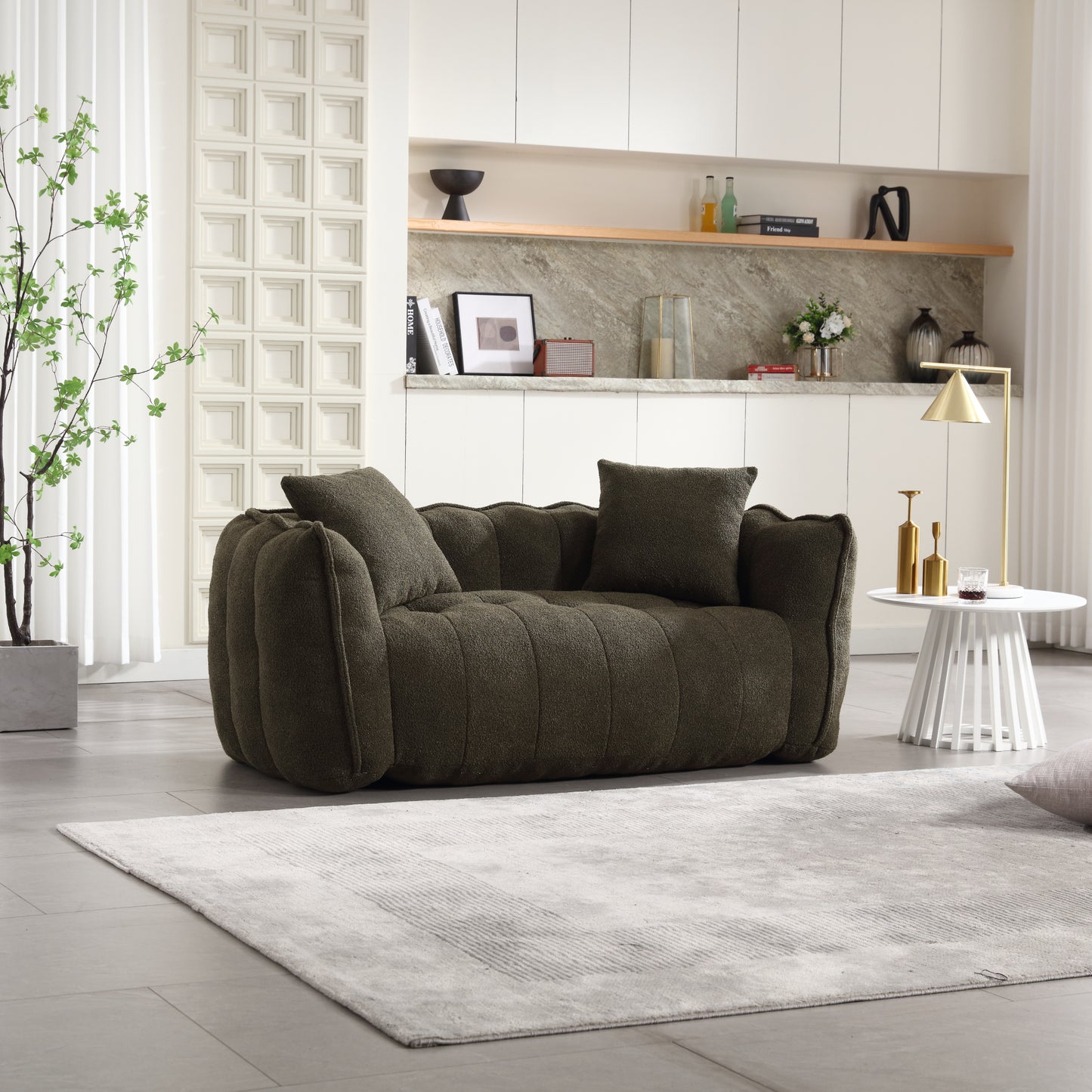 Olive Green Soft Beanbag Chair for Two - Chenille Foam Recliner