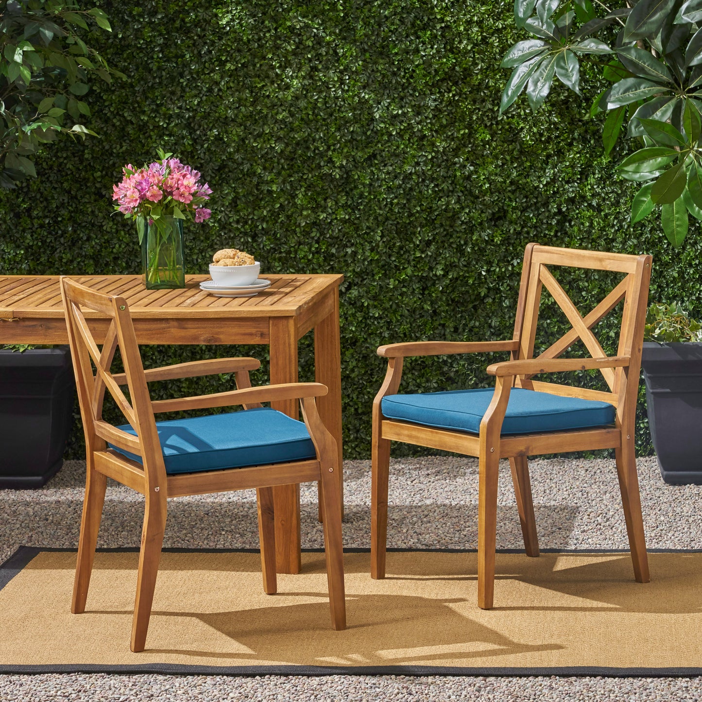 Outdoor Dining Chairs Set of 2 with Blue Cushions - Acacia Wood