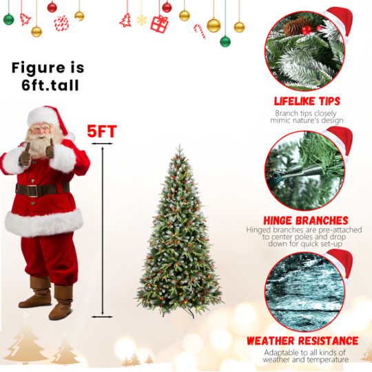 5ft LED Christmas Tree - Artificial Green Pine with Red Fruits & Pine Cones