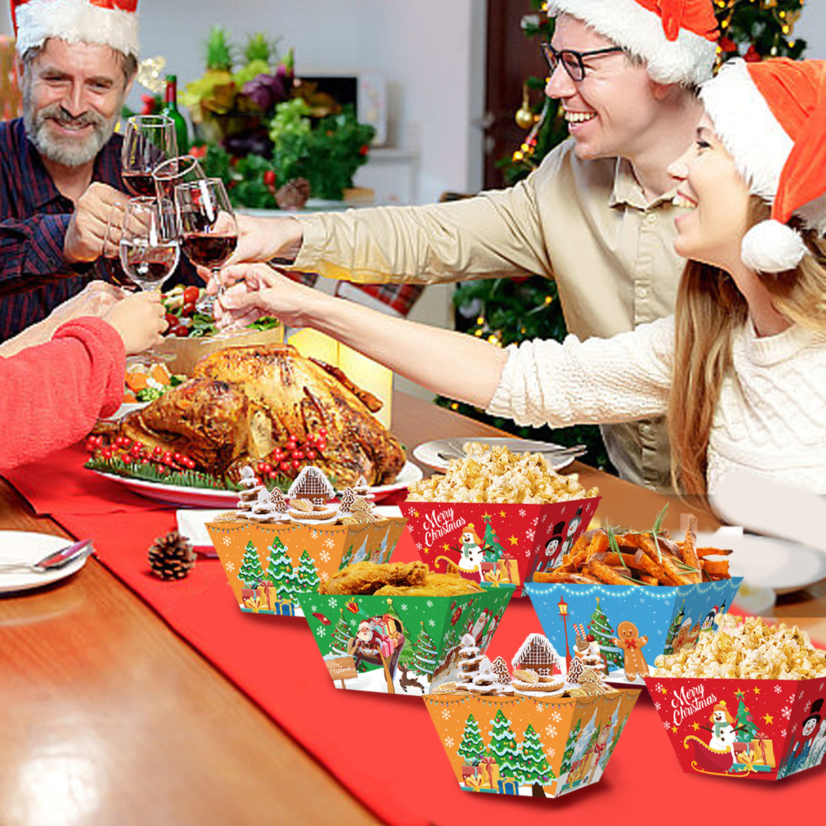 12-Pack Colorful Christmas Paper Food Trays - 18.5x10cm