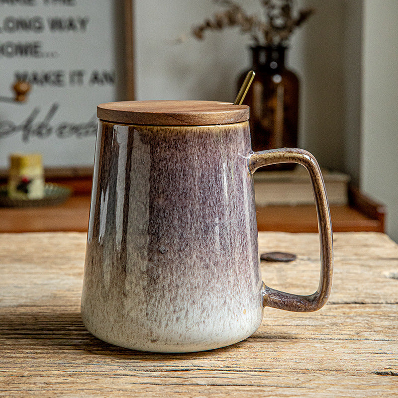 Large Ceramic Mug with Cover and Spoon - Art Kiln Baked 700ml Drinkware