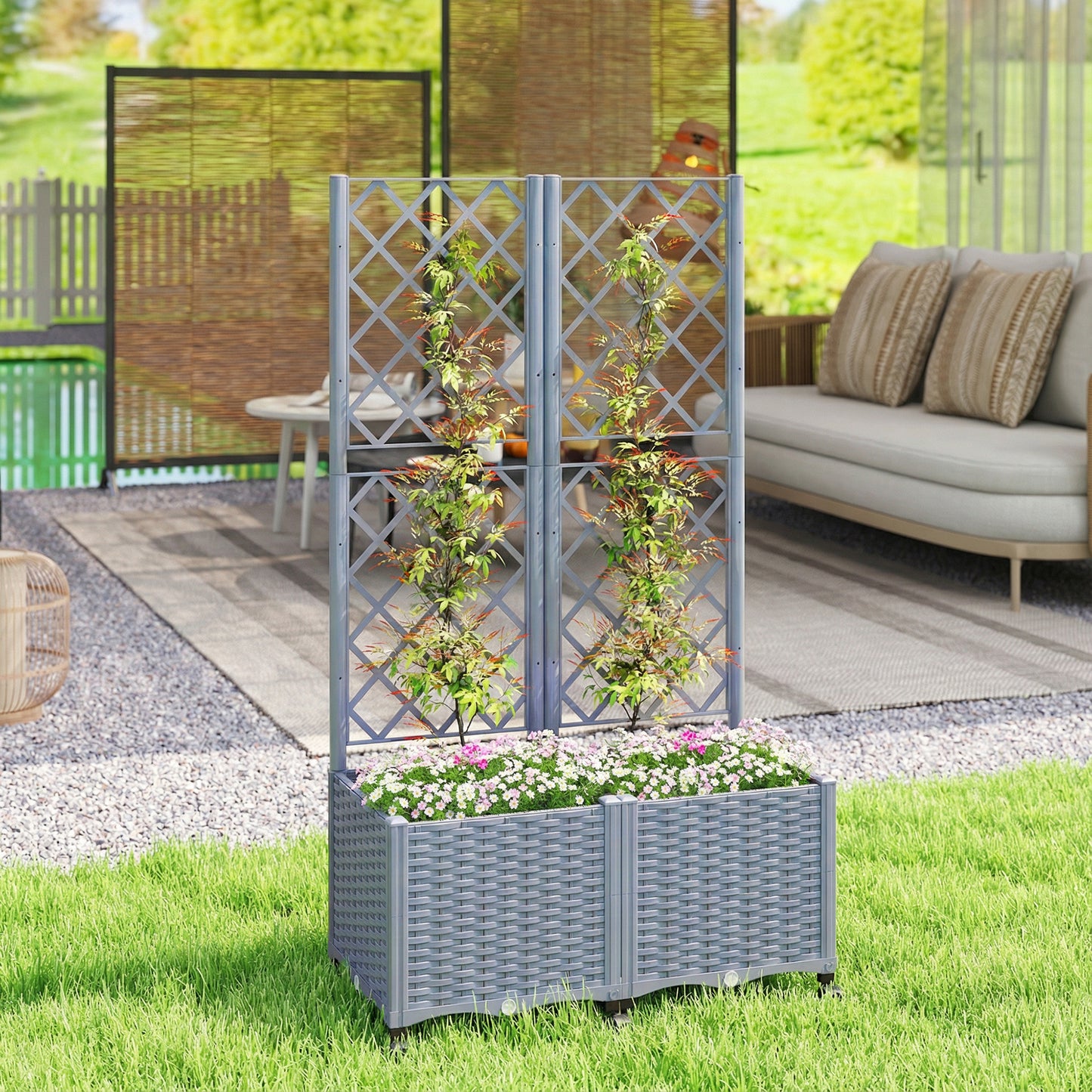Self Watering Raised Garden Bed with Trellis and Lockable Wheels - Gray, 510x610x210 mm