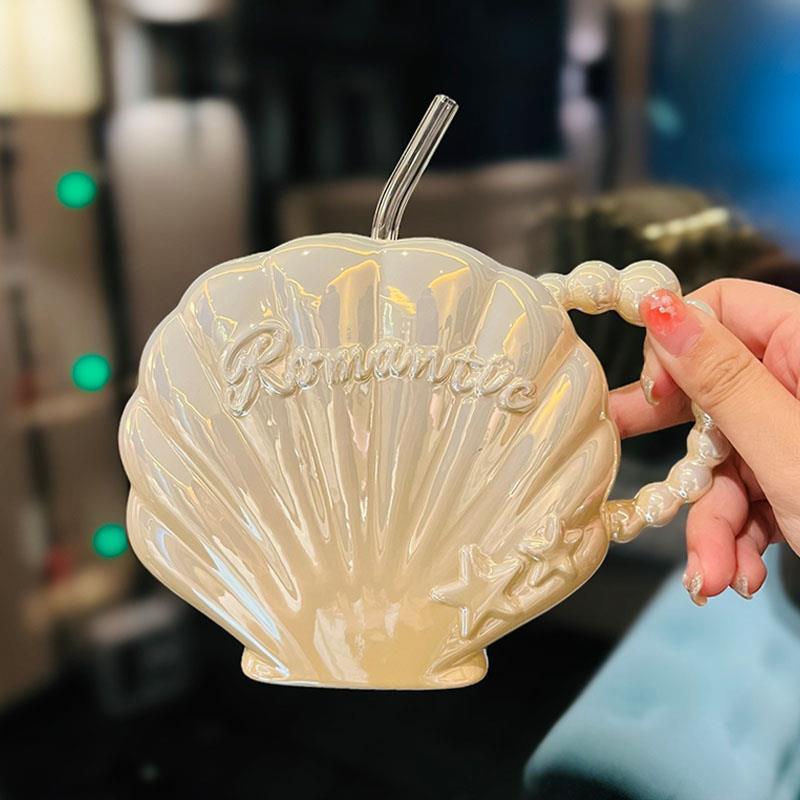 Ceramic Cup with Straw 450ml - Elegant Pearl Shell Design for Kitchen & Home Use