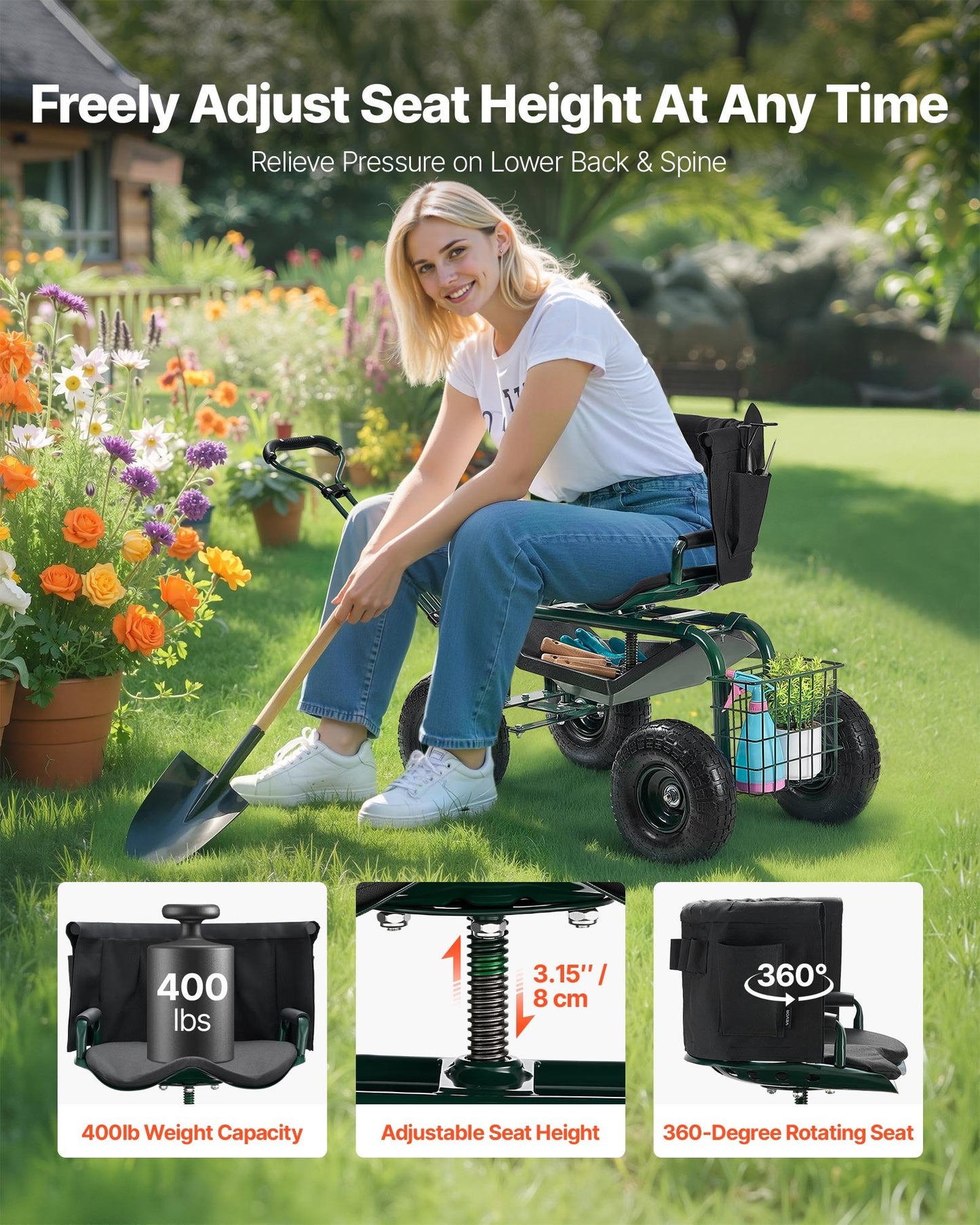 Garden Cart with Swivel Seat & Extendable Handle - Heavy Duty, Green