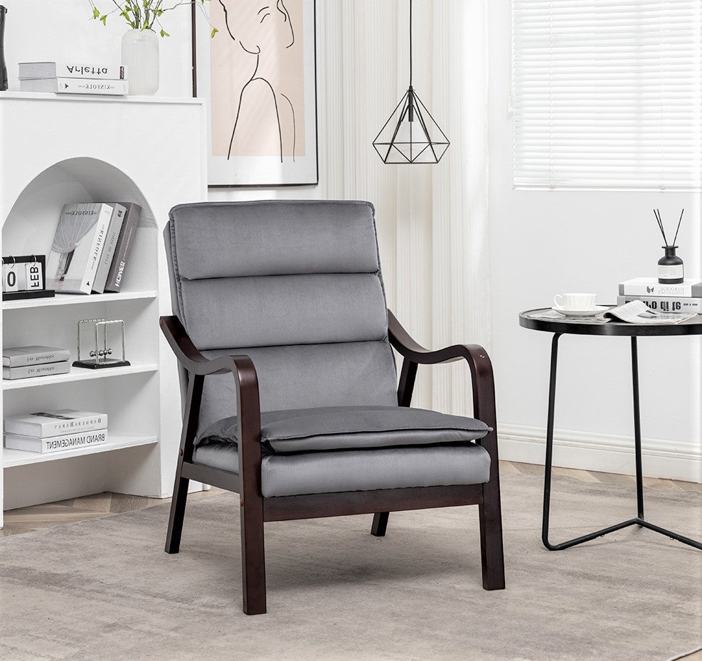 Mid-Century Modern Grey Accent Chair With Wood Armrest, Upholstered