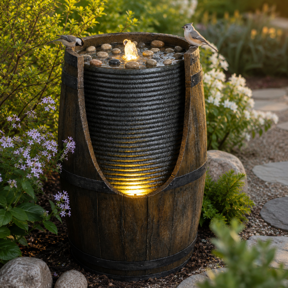 Outdoor Water Fountain with Bird Waterer - Rustic Barrel Garden Feature with LED Lights