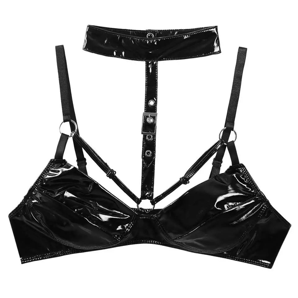 Adjustable Leather Bra with Patent Leather Finish for Women
