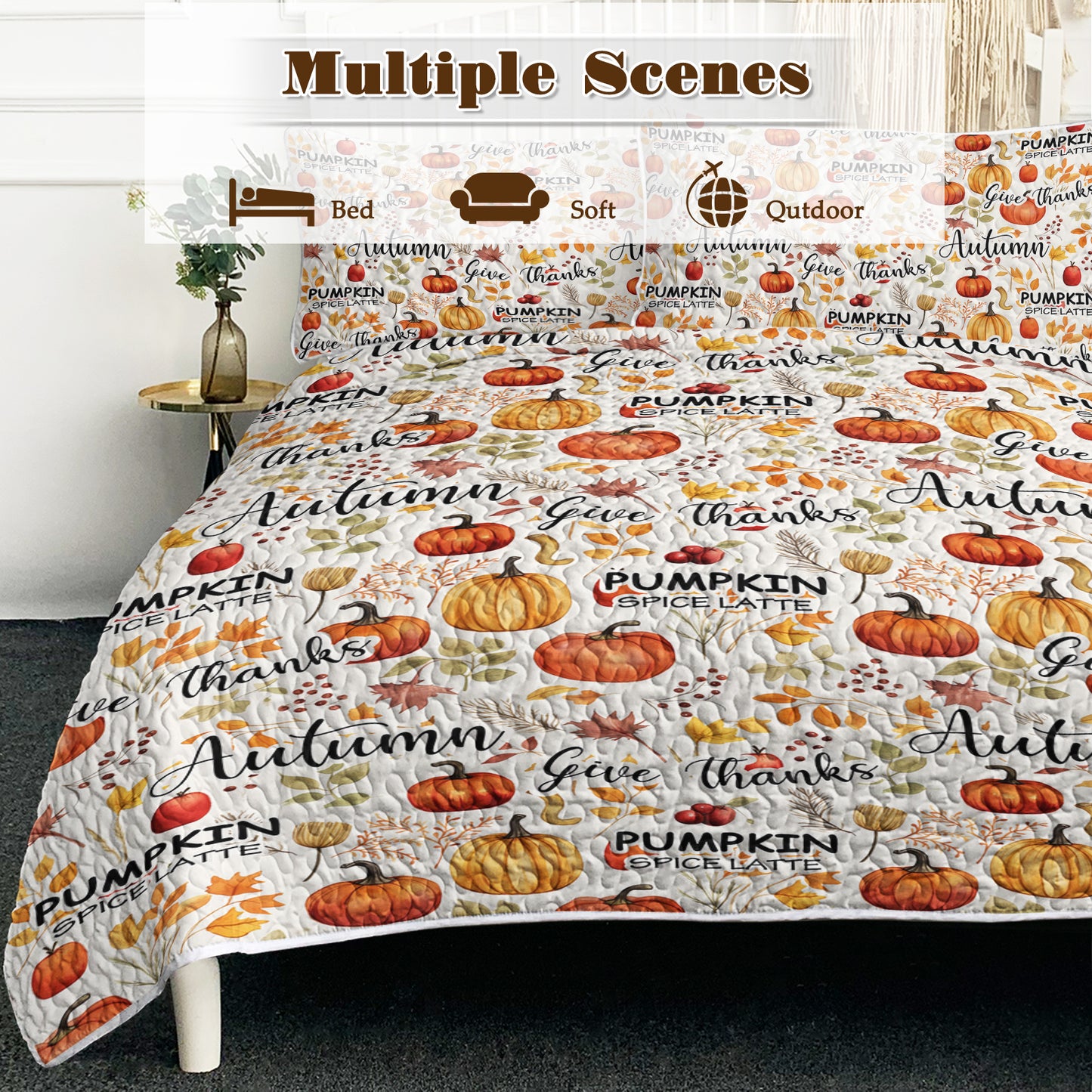 Pumpkin Autumn Leaves Quilt Set - 3 Piece Bedding Set with Pillow Shams
