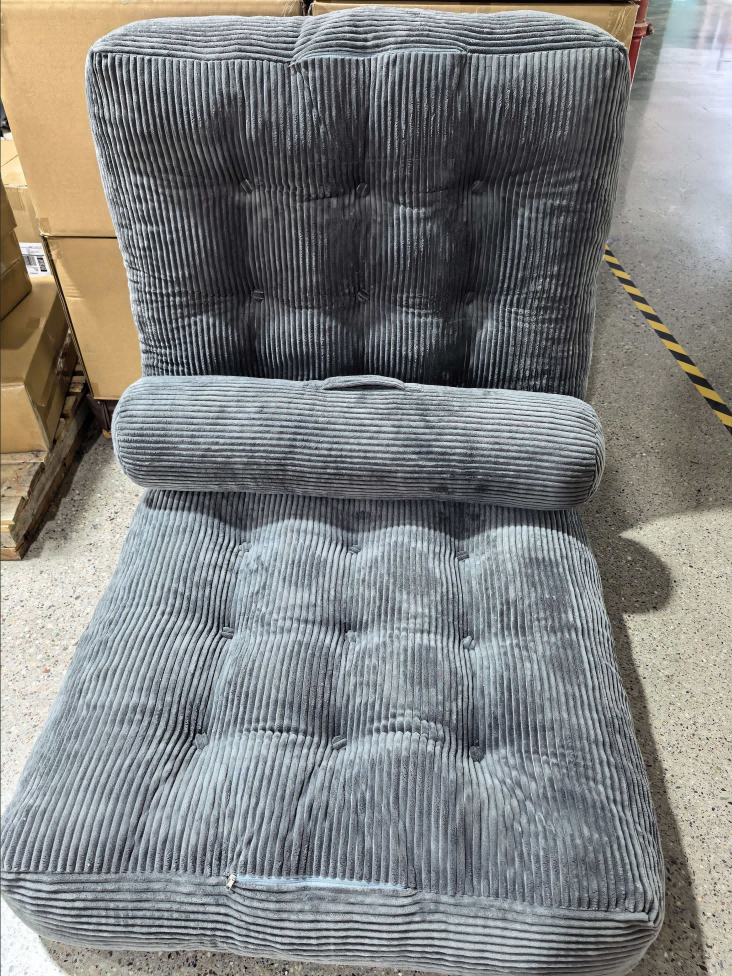 Grey Corduroy Floor Cushion with Neck Support - Plush Backrest for Reading & Relaxation