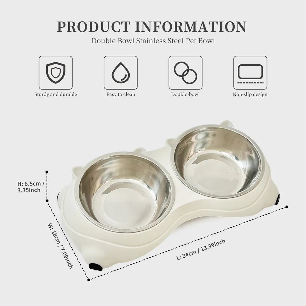 Double Cat & Dog Food Water Bowl Set with Non-Slip Base - Stainless Steel, Easy to Clean
