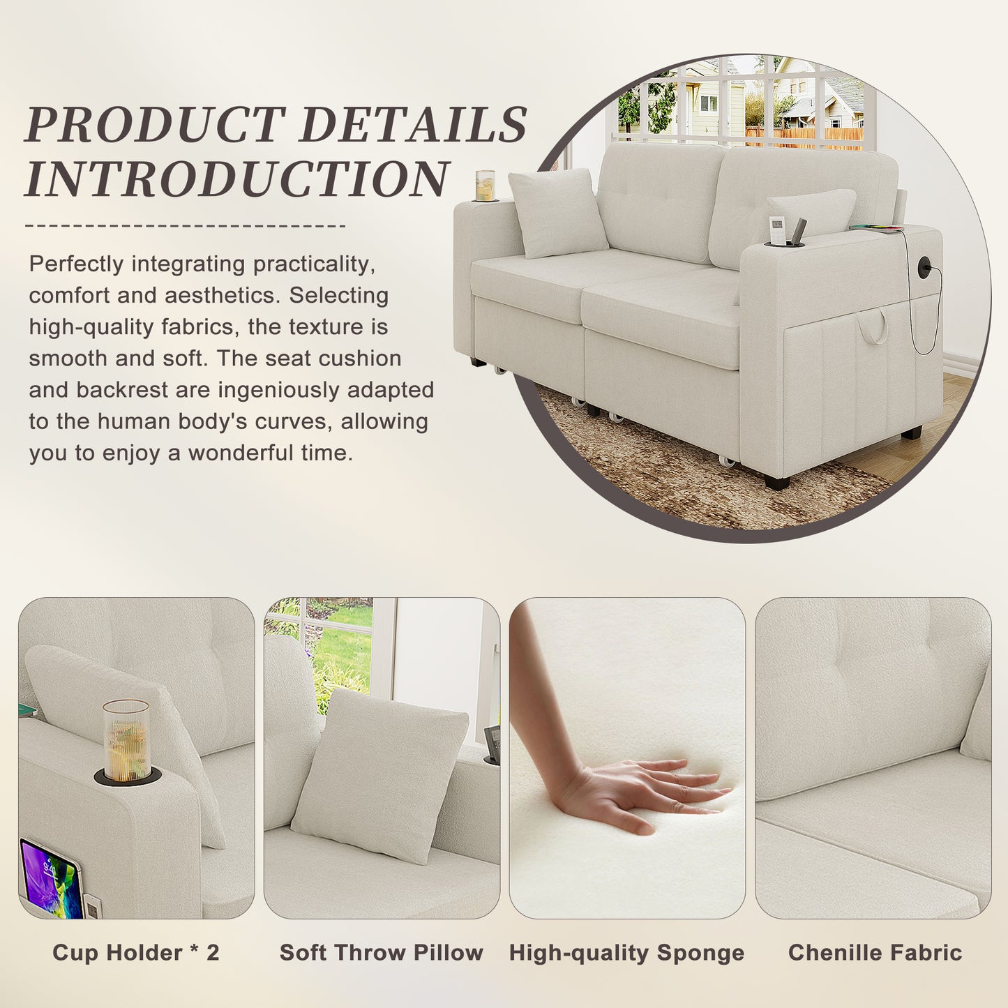 Modern 3-Seat Sofa with USB Charging & Storage - Beige