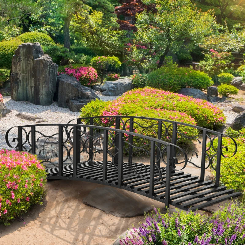 Metal Garden Bridge with 660 lbs Capacity, Safety Rail, Vine Motifs, Black
