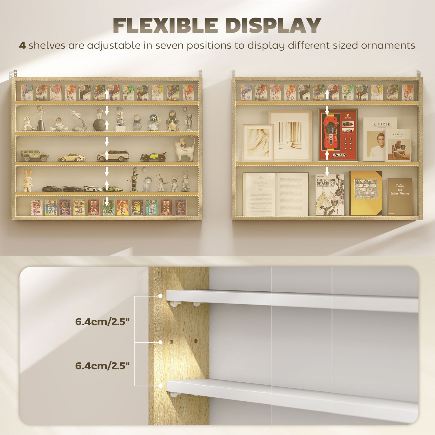 Wall-Mounted Display Cabinet with Glass Doors & Adjustable Shelves - Oak