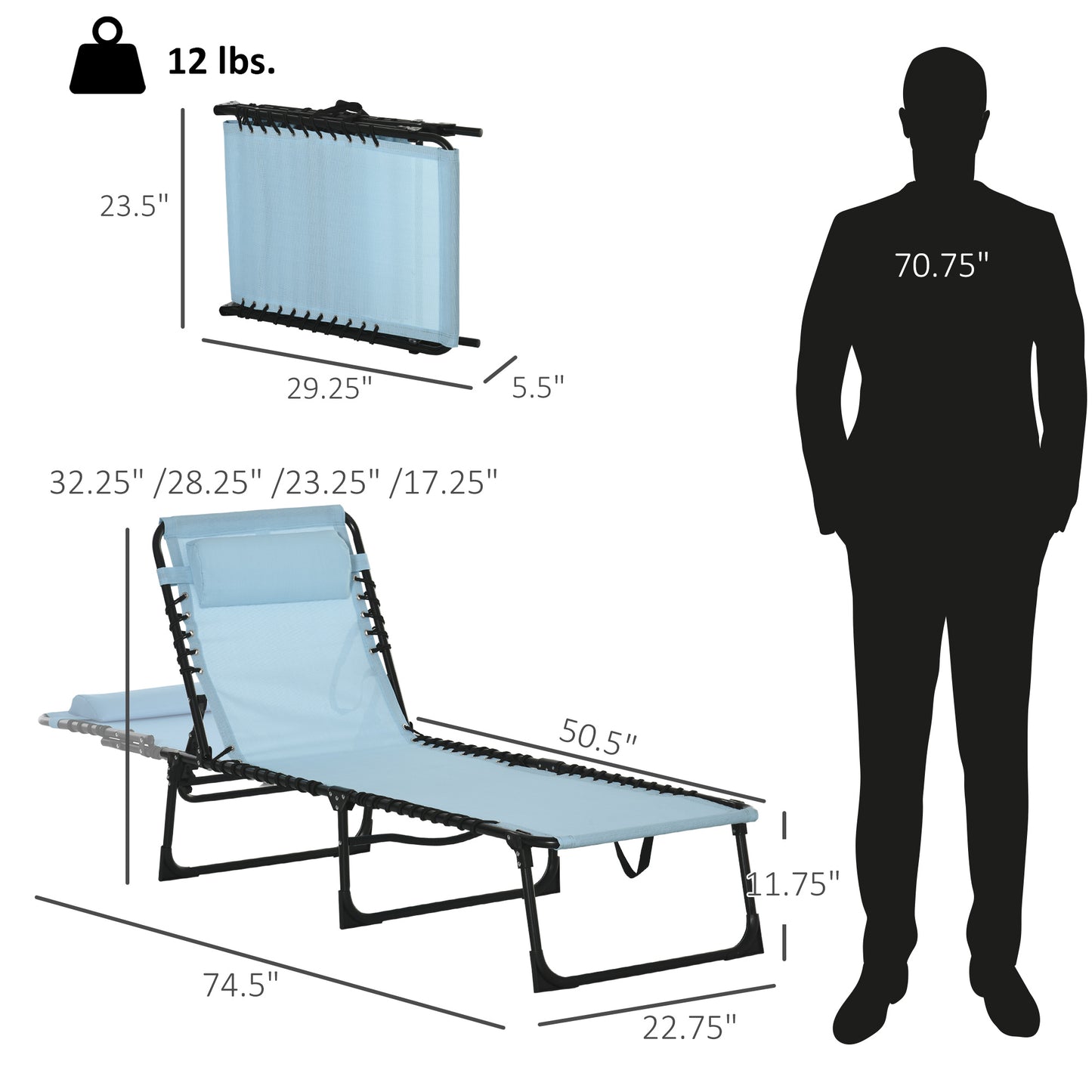 Folding Chaise Lounge Pool Chair - 4-Position Recline, Baby Blue