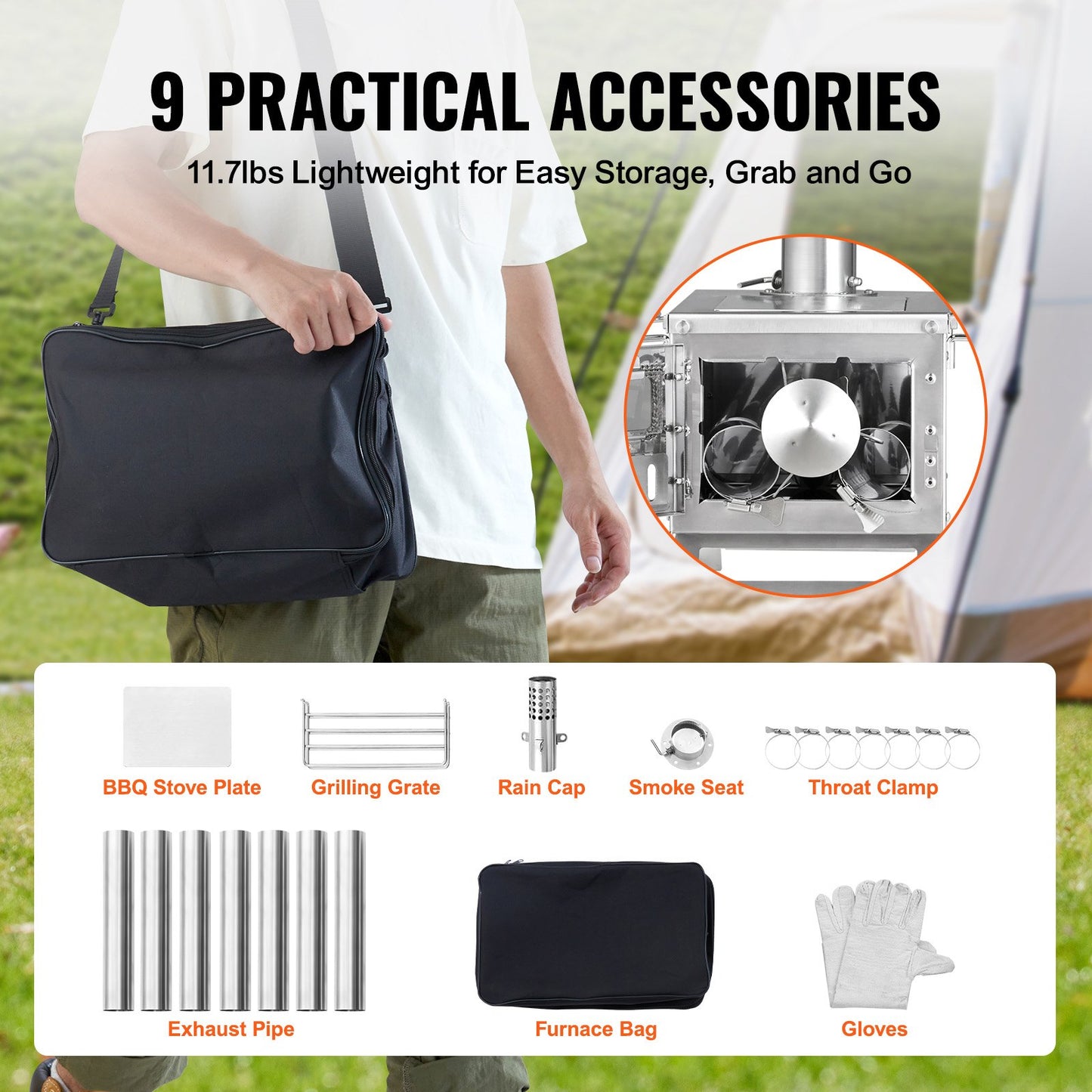 Portable Wood Burning Stove 80 Inch Stainless Steel Camping Tent Heater