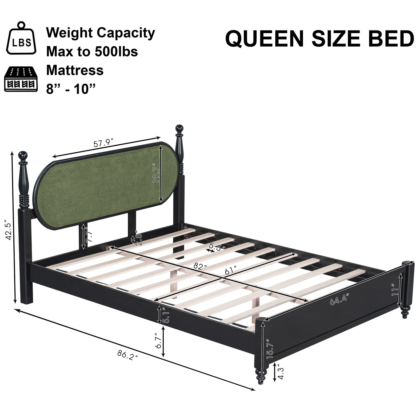 Queen Bed Frame - Solid Wood Platform with Green & Black Upholstered Headboard