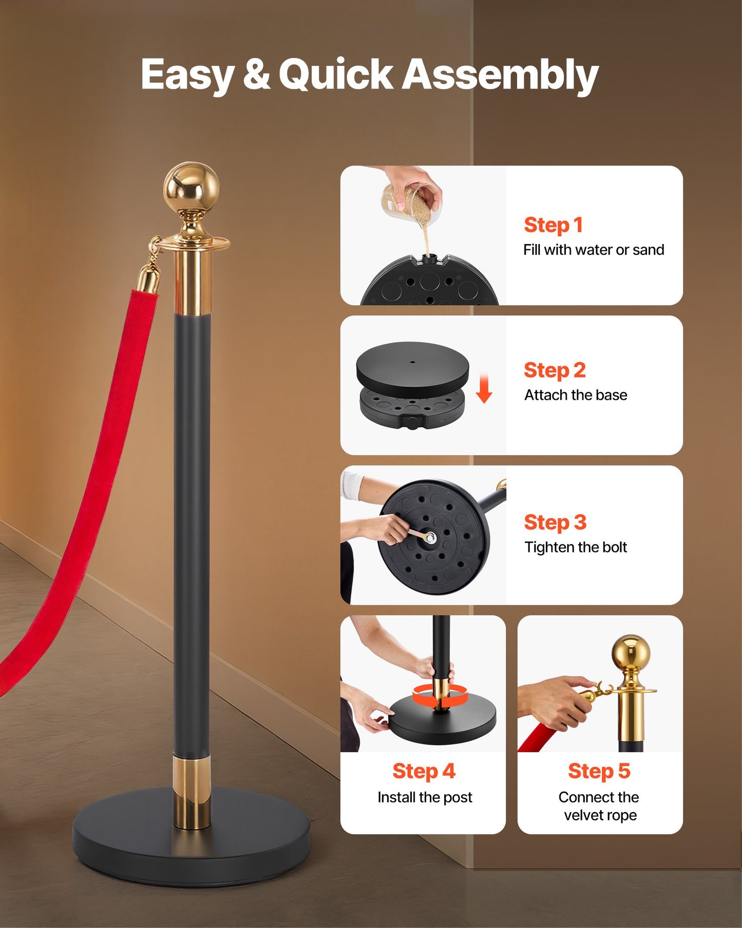 Crowd Control Stanchion Post Set with Red Carpet & Velvet Ropes - Black, 6 Pieces