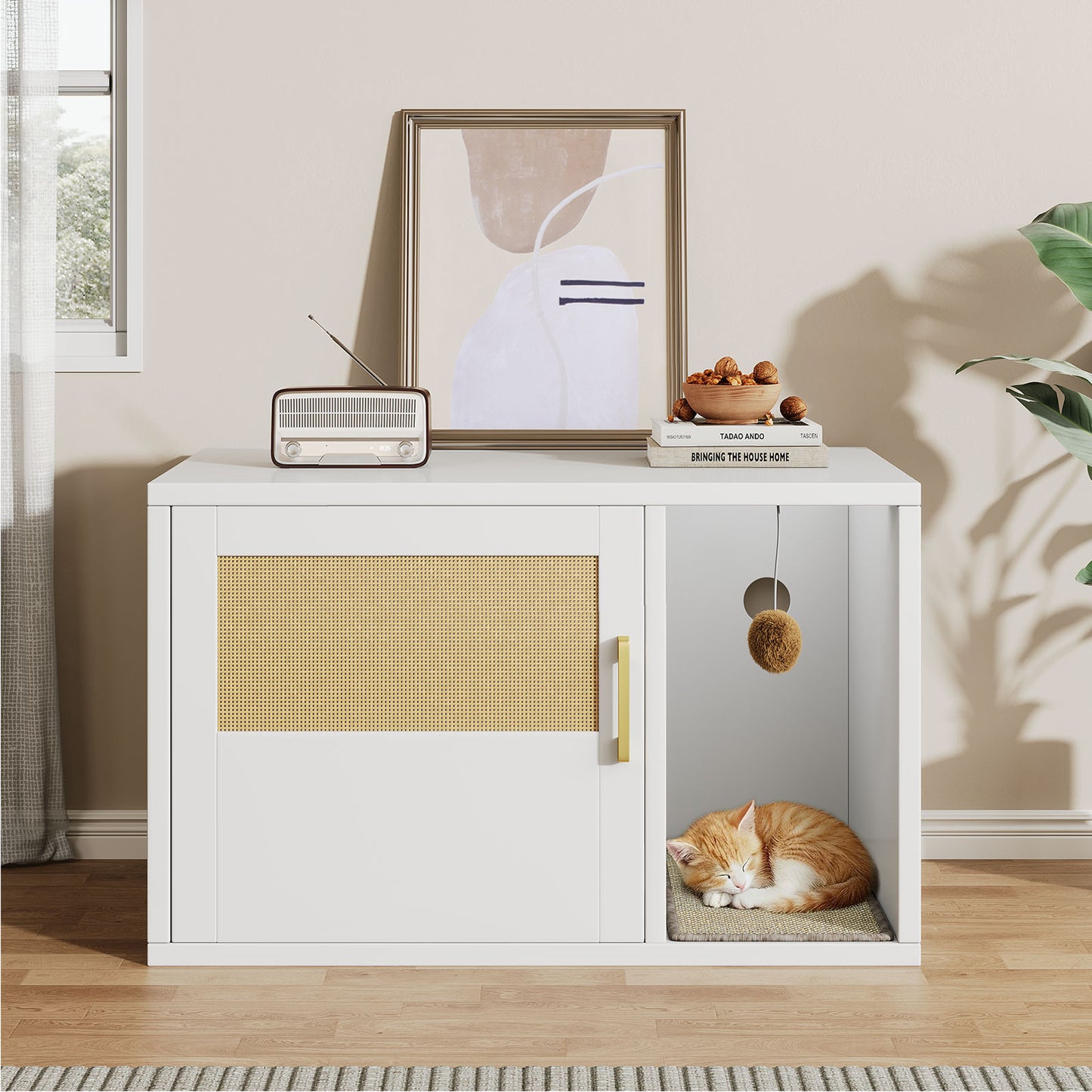 Multifunctional Cat Litter Box Cabinet with Odor Control & Side Table - White