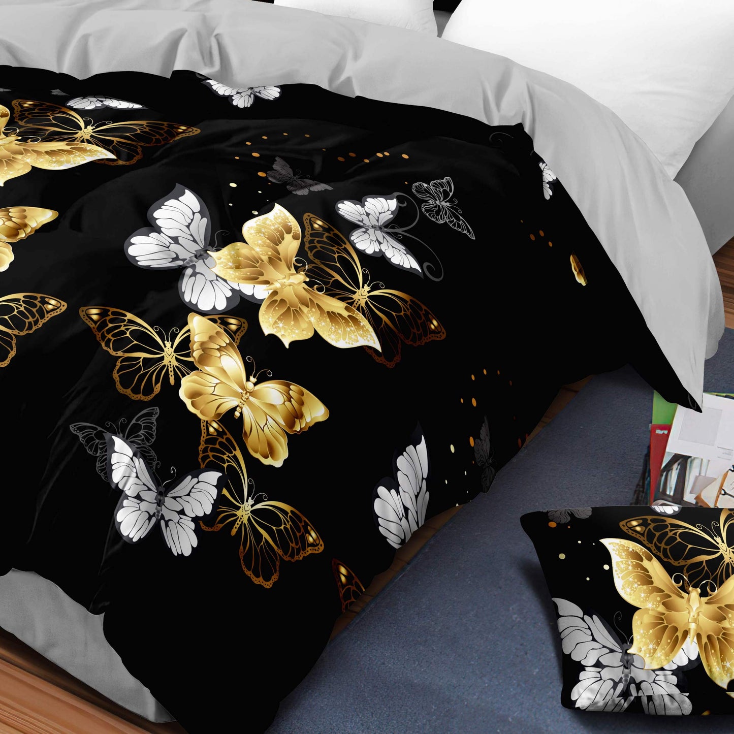 9-Piece Black & Gold Butterfly Quilt and Curtain Set