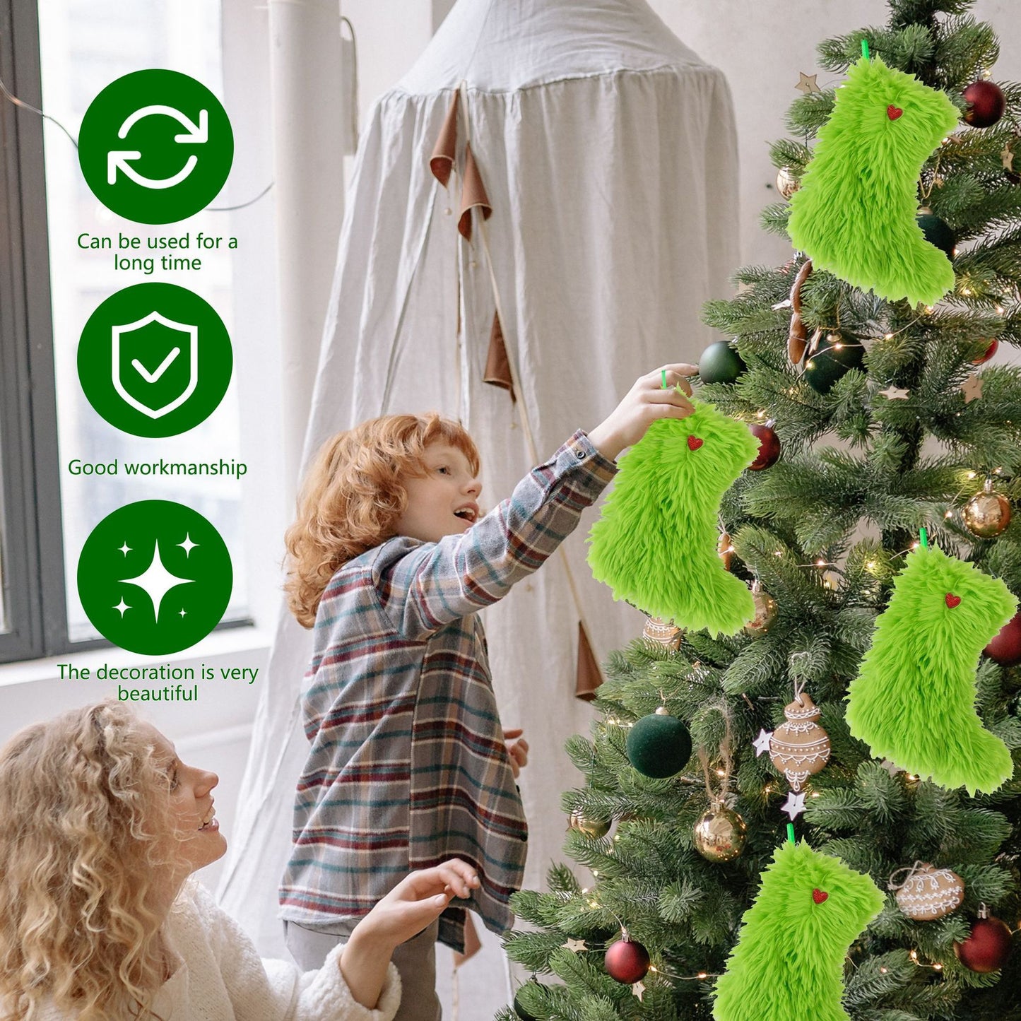 Christmas Green Fur Ornament Stockings Plush Gift Bag Holiday Decor