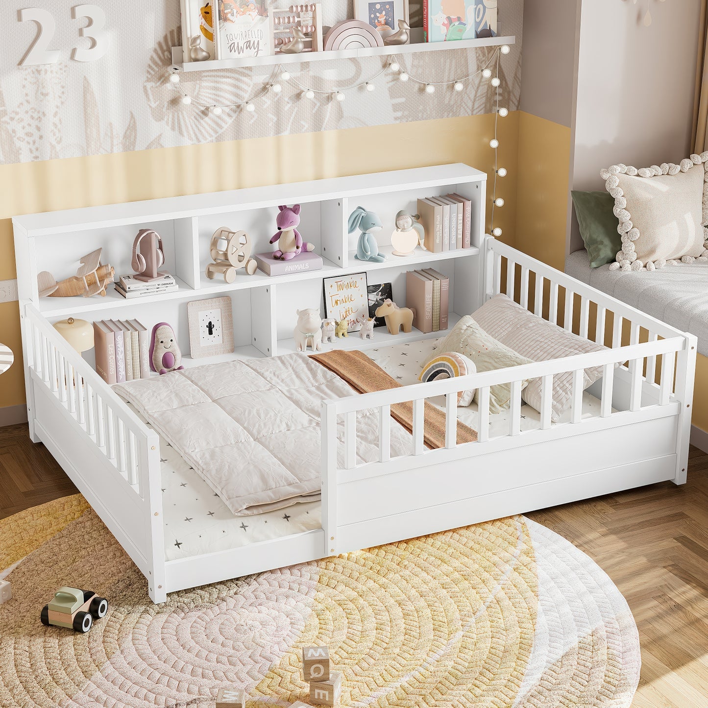 Full-Sized Wooden Floor Bed with Fence Guardrail and Storage - White