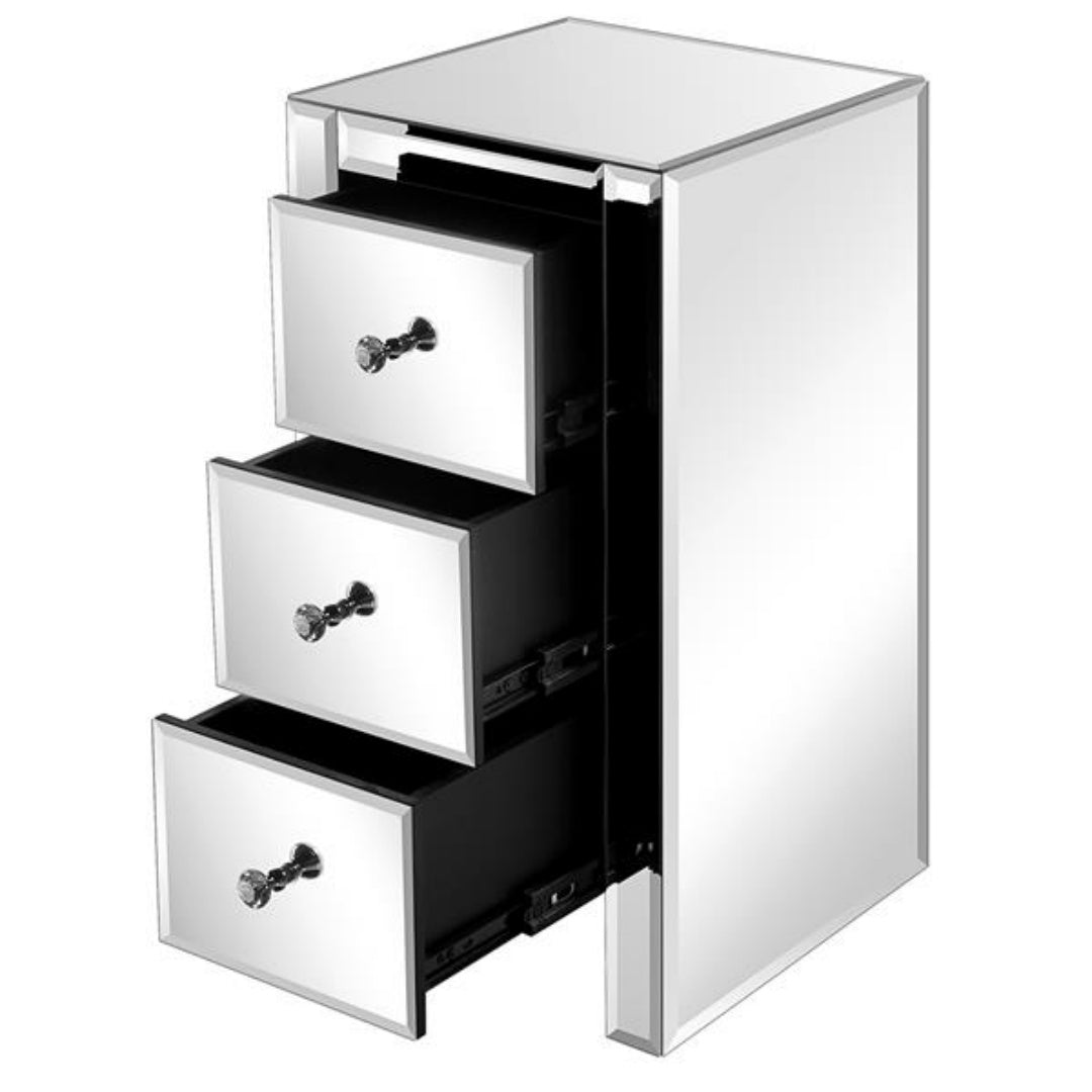 Mirrored Glass Bedside Table with 3 Drawers - Silver